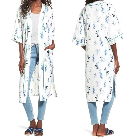 Nordstrom VIGOSS NWT Blue Green & White Floral Kimono Duster Cardigan - Small - Picture 1 of 9